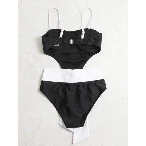 NEW Black & White Monokini Swimsuit w/ Adj White Tie Belt Around Waist -Size L - Picture 5 of 7